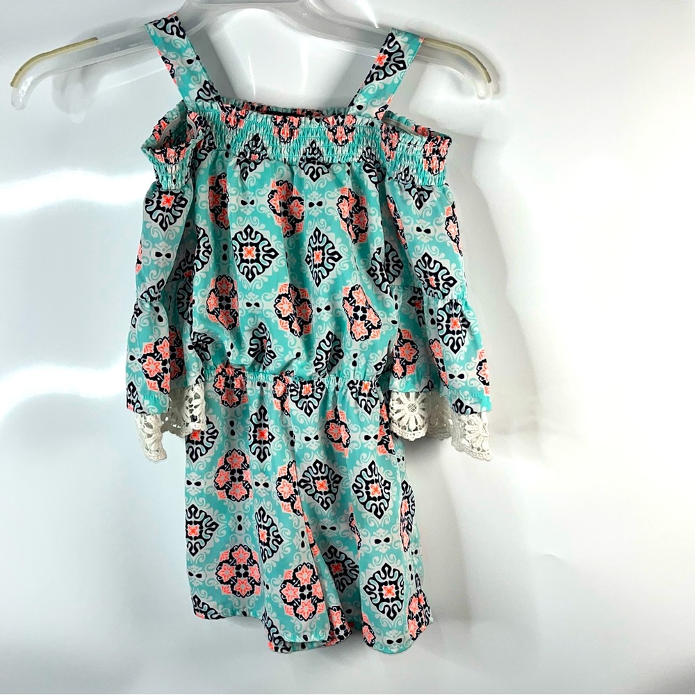 Girls My Michelle Cold-Shoulder Crochet Romper Teal White Orange size Small
